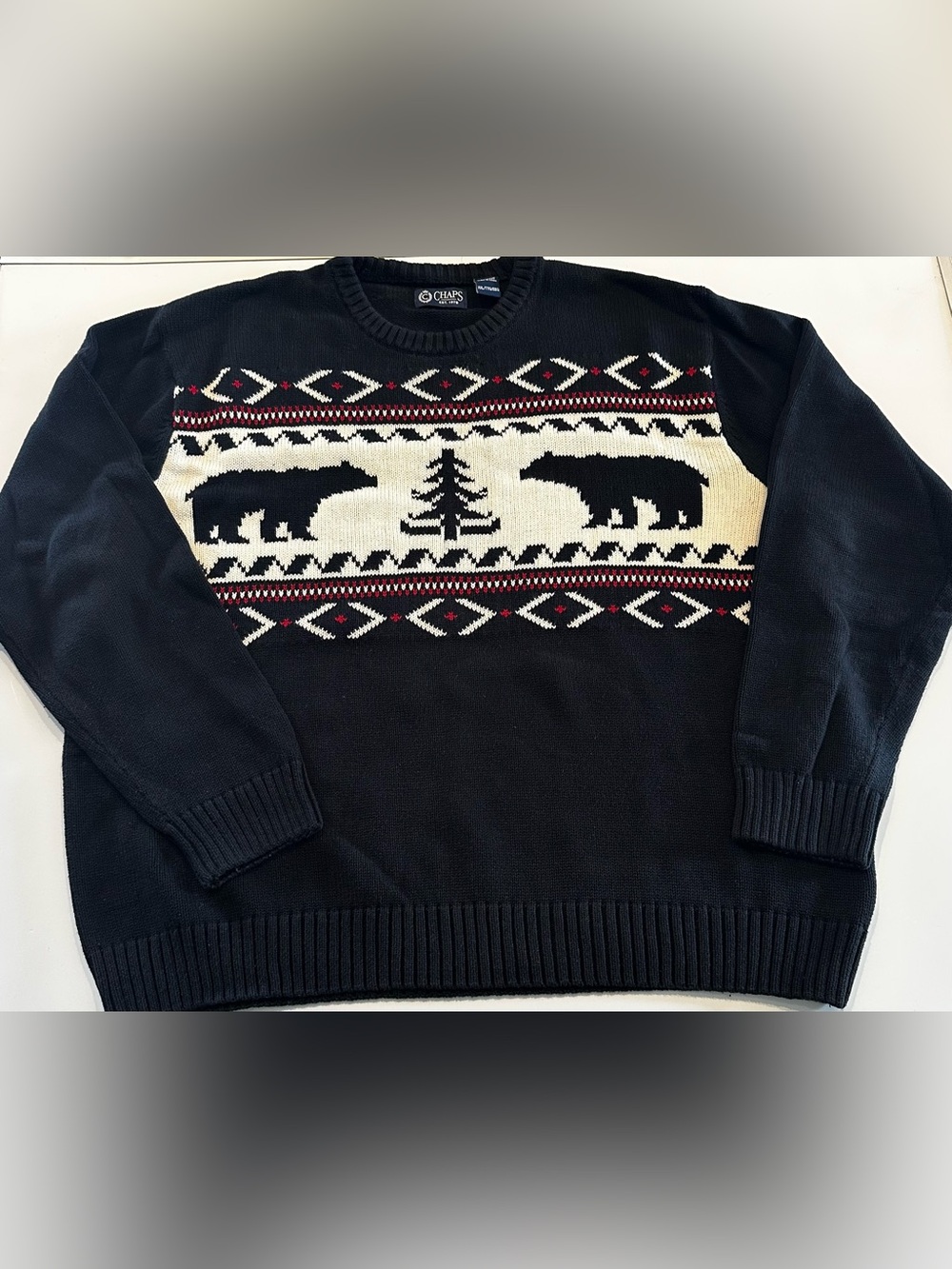 CHAPS RL Fair Isle Black Bear Sweater Mens Sz XXL Cotton Knit Crewneck Pullover